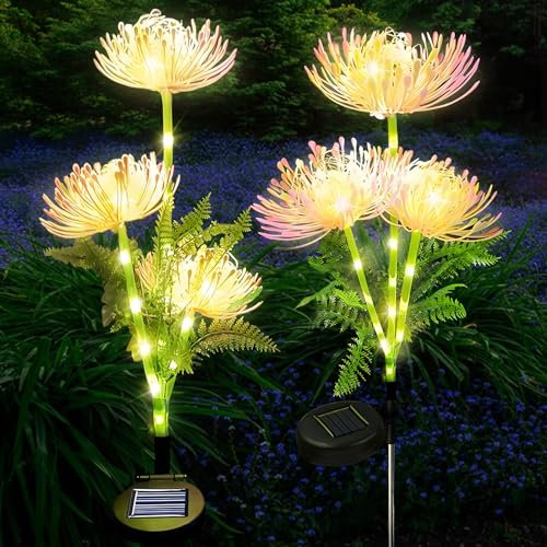Luces Solares LED Exterior, 2 Piezas Lámpara Solar para Jardín, IP65 Flores, Farolas Solares para Césped, Balcón, Terraza