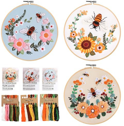 3 Sets Embroidery Kit for Adults and Beginners, Embroidery Starter Kit with Flowers Bee Pattern, Cross Stitch Kits for Kids Adults, with Embroidery Hoops, Fabric, Threads Needles and Instruction