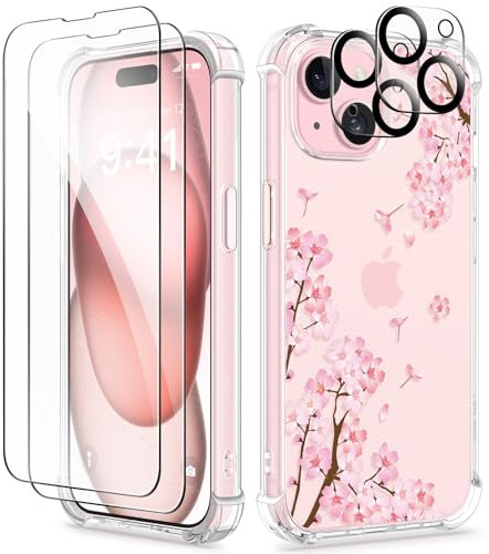 GVIEWIN Kompatibel mit iPhone 15 Hülle 6,1 2023, mit Displayschutzfolie + Kameraschutz, [Militärischer Schutz] Anti-Gelb Blume Klar TPU Dünn Stoßfest Kratzfest Handyhülle, Sakura/Rosa