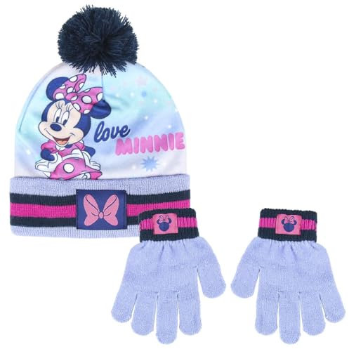 Disney Minnie Maus Mütze und Handschuhe Set mit Bommelmütze und Handschuhen für Kinder, Lila, Einheitsgröße