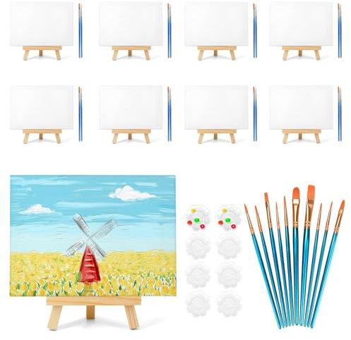 Lot de 8 tableaux de toile de 20,3 x 25,4 cm pour peinture, toile pour peinture avec chevalet de 24,1 cm, kit de peinture sur toile artistique avec 10 pinceaux et 2 plateaux de peinture pour enfants