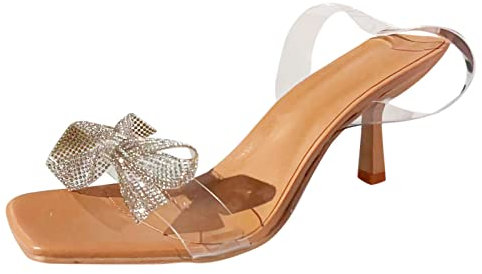 UnoSheng Damen Sommermode Offene Spitze Transparent Großer Absatz Quadratischer Feiner Absatz Rheinster Schmetterling Einfarbig Oberbekleidung Elegante Sandalen Damenschuhe Schwarz Flach (Beige, 40)
