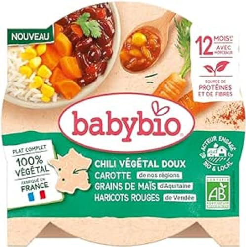 BABYBIO - Assiette - Chili végétal doux - Carotte des landes Maïs d'Aquitaine Haricots rouges de Vendée - 230g - BIO - 12+ mois