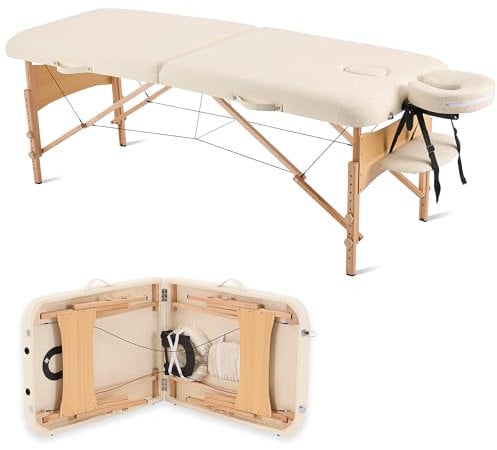 YOUNIKE Massageliege 2 Zonen Klappbar Massagetisch Kosmetikliege 70cm Breit Tragbare Massagebank Höhenverstellbar Kosmetikliege mit Holzfüßen und Tragetasche Tattoo Liege bis 250kg Belastbar, Creme