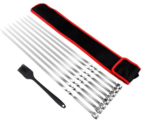 AWCIGG® AWCIGG® Brochetas de 55cm de Acero Inoxidable, 8 Piezas de Pinchos Planas para Barbacoa con Cepillo para Aceite y Bolsa de Almacenaje, Brochetas de Metal Extra Largas para Carne y Verduras