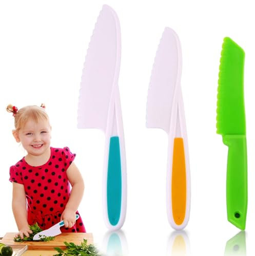 RosyFate Couteau Cuisine, 3 Pièces Couteau Cuisine Enfant, Set Couteau Cuisine, Couteau Enfant Qui ne Coupe Pas, Ustensiles de Cuisine Enfant, Cadeau d'Anniversaire