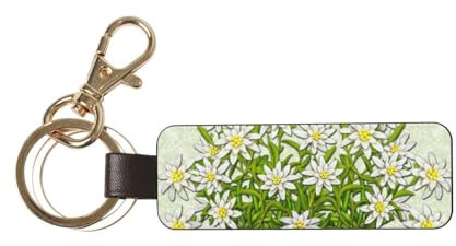 InOmak Edelweiss Schweizer Bergblumen, PU-Leder-Schlüsselanhänger, Schlüsselanhänger, Schlüsselring, Ringhalter, Organizer, 1 Stück