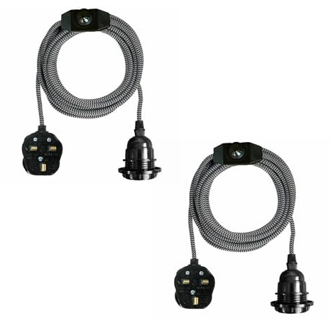 Vintage Plug in Pendant Light Kit with Fabric Flex Cable 2m Hanging Light Fitting with E27 Bulb Socket and Plug with Switch Ideal for Home, Studio, Office, Decorative Lighting (Black and White- 2Pack)