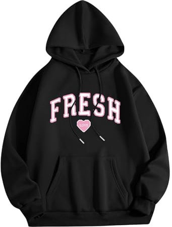 Felpa con Cappuccio Fresh Love Sturniolo Felpa Leggera con Cappuccio Donna Uomo Stampa Letterg Top Letter Felpa Tinta Unita Cappuccio (Black, L)