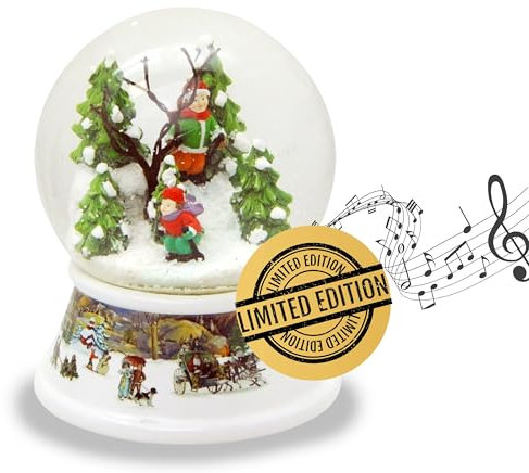 Schneekugel Skifahrer | Sockel nostalgische Winterlandschaft | mit Spieluhr | Schüttelkugel Weihnachtsdekoration | B: 10 cm H: 13 cm | 20187