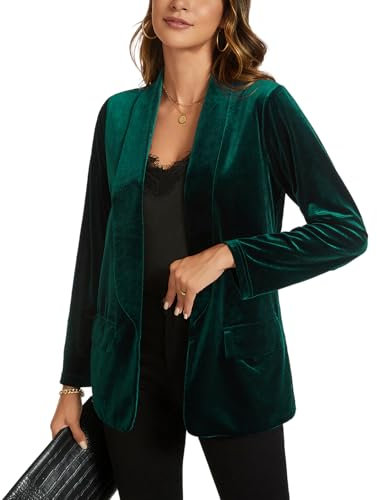 MINTLIMIT Women Casual Velvet Blazers Shawl Lapel Open Front Work Suit Long Sleeve Office Blazer Jacket with Pockets 2025 Fall Dark Green