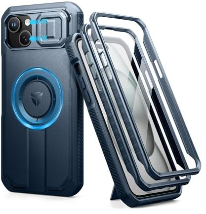 Dexnor for iPhone 15 Plus & 14 Plus Magnetic Case With Slide Camera Cover & Adjustable Kickstand & Built-in Screen Protector, Rugged Shockproof Bumper Cases Heavy-duty Cover - Navy Blue