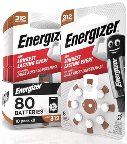 80 Batterie Acustiche Energizer per Apparecchi Acustici Auricolari Misura 312 Marrone con Tecnologia PowerSeal - 10 Blister da 8 Pile