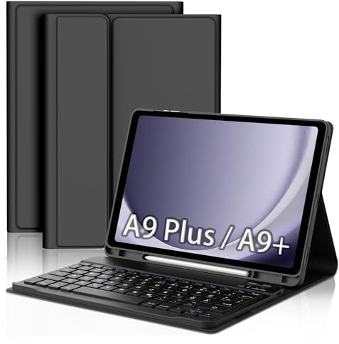 FOGARI Samsung Galaxy Tab A9+ Hülle Mit QWERTZ Deutscher Tastatur - Kabellos, Bluetooth, Abnehmbar für Galaxy Tab A9 Plus 2023, Schwarz