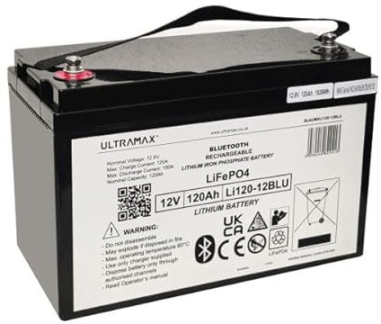 Ultramax Batteria al litio ferro fosfato (LiFePO4) 12v 120Ah con monitor di energia Bluetooth (LI120-12BLU)