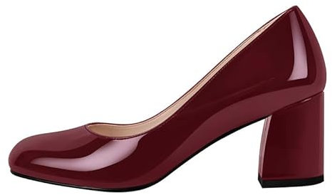 Meinabsatz Damen Pumps Blockabsatz Elegante Heels Damenschuhe Runde Geschlossene Zehen Schlupfschuhe Lack Burgundy 39 EU