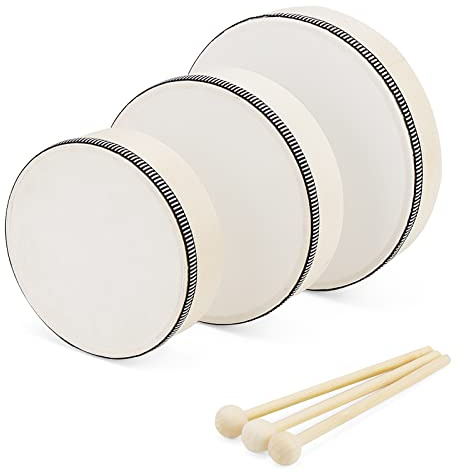 HEIYUET 3-teilig Handtrommel Set, 15cm 17,5cm 20cm Holz Tamburin mit Schlägel, Tambourine Instrument Trommel für Musik, Percussion Instrument