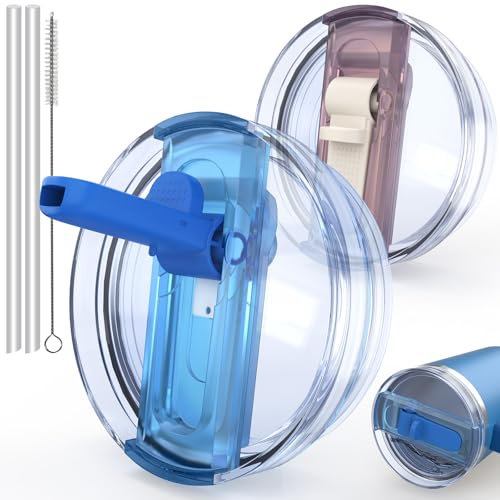 2 PCS Spill Proof Tumbler Flip Straw Lid for Stanley Cup 40oz, Replacement Leak Proof Tumbler Lid Fit for Stanley Quencher, Reusable Tumbler Cover 40oz Stanley Cup Accessories(Quartz+Blue)