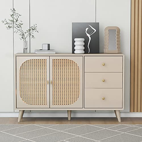 FocusOnHome [Change Image] Esszimmer Wohnzimmer Sideboard Kommode Stehschrank Aufbewahrung Sideboard TV-Tisch mit Türen und Schubladen Sideboard mit großem Stauraum Offwhite Creme Breite 120 cm