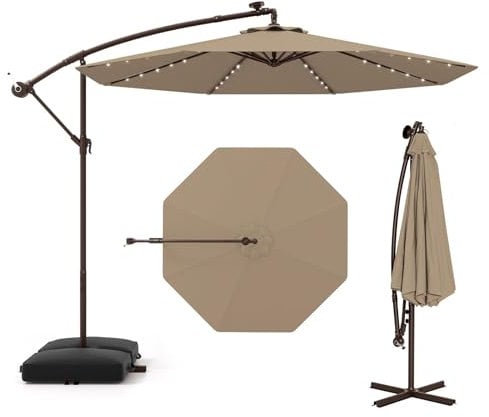 GOPLUS Parasol de Jardin Extérieur avec Pied, 3M Parasol Déporté Inclinable, avec 8 Baleines 32 Lampes Solaires, Grand Parasol pour Terrasse Plage Cour (Café)