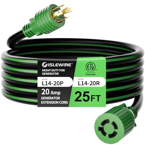 25FT NEMA L14-20 Generator Extension Cord, L14-20P to L14-20R 4-Prong Twist Lock Power Cord, 20 Amp, 125/250V, 2500/5000 Watts, Heavy Duty 12/4 SJTW for Portable Generators, Power Outage, ETL Listed
