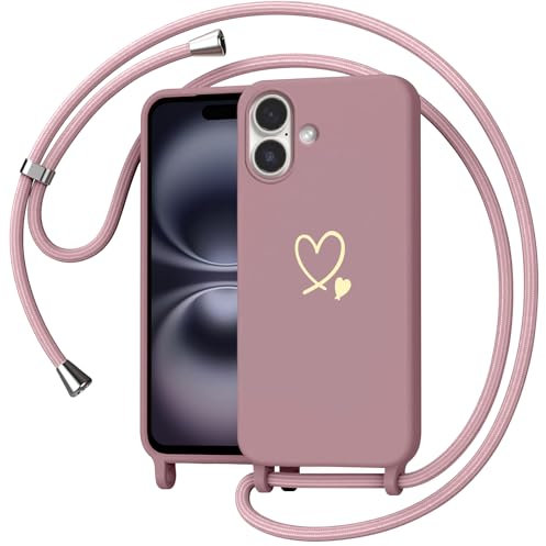 Yichxu Handyband für iPhone 16 Hülle mit Band, Herz Design Necklace Handyhülle zum Umhängen Kordel, Stoßfest Schutzhülle mit Kette, Weich TPU Liquid Silikon Case für iPhone 16, Rosa