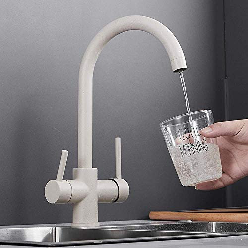 HCVYQMMJ Wasserhähne, 3-Wege-Küchenarmatur, Granit, Beige, 360 ° drehbar, 2 Hebel, Mischbatterie for Osmose, Trinkwasser