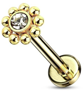 Stachelkleid Labret Blume Zirkonia Innengewinde Lippe Ohr Piercing Stecker 316l Gold/Kristall, 8 mm
