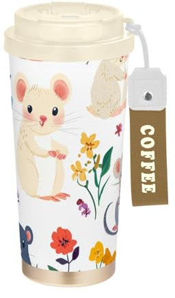 SyXIOP Kaffeebecher mit Deckel, Motiv: Cartoon-Motiv, niedliche und bunte Mäuse, Edelstahl, für unterwegs, für heiße und kalte Getränke, auslaufsicher, 480 ml