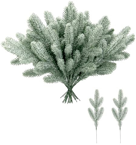 30 rami di pino ghiacciati con neve, per albero di Natale finto, con spruzzo, aghi di pino artificiali, per decorazioni fai da te, ghirlande di cedro e ghirlande