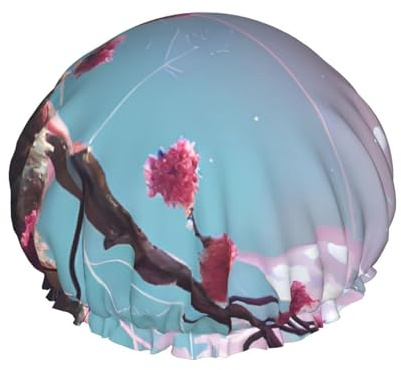Bonnet de douche avec imprimé de petites fleurs roses – Réutilisable, double couche, respirant, sangle élastique réglable, essentiels de voyage d'hôtel