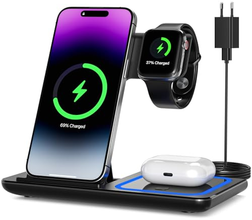 Cargador inalámbrico, estación de carga inalámbrica 3 en 1, soporte de carga inalámbrico rápido para iPhone 17/17pro max/16/15/14-8, Apple Watch 11/Ultra 3/10/9/8/7/6, AirPods Pro 4 3 2