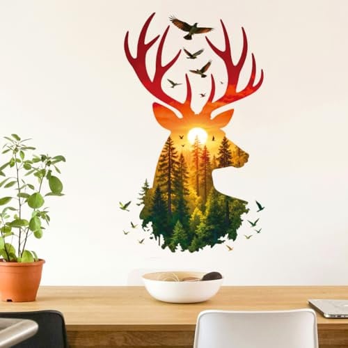 Peacoblue Stickers Muraux Vinyle 3D, Silhouette de tête de cerf de forêt | 1 Feuilles Décoratives Amovibles pour Chambre, Salon, Salle de Bain, Bureau et Maison, Décoration Murale Moderne