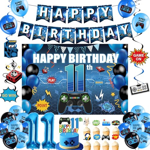 Videospiel 11 Geburtstag Junge Deko - 32 Stück Deko für Jungen | Blau Gaming Deko mit Banner Ballons Zahl 11 Tortendeko für 11 Jahre Spielthemen Party