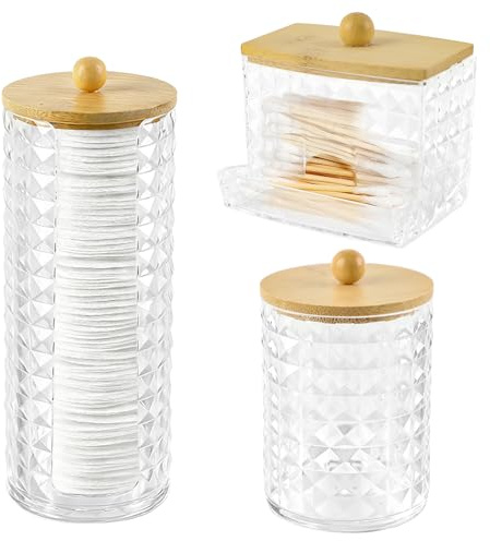 Hwtcjx Cotton Pad Holder, Bathroom Jars, with Wooden Cover, 3 PCS