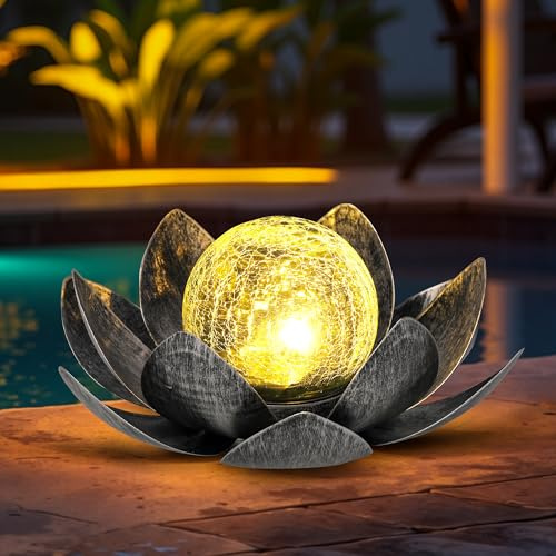 GIGALUMI Solarlampen für Außen, Lotus Garten Solarleuchten für außen | IP44 Wasserdicht Solar Gartenleuchten, Metal Garten Deko Draußen, für Terrasse, Garten, Gras, Balkon (Grau)