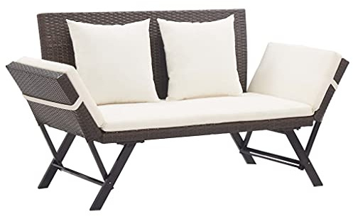 Bucmath Gartenbank mit Kissen, Braun, 176 cm, Poly Rattan, 2-in-1, verstellbar, für Terrasse, Balkon, Garten, wetterfest, Stahlrahmen
