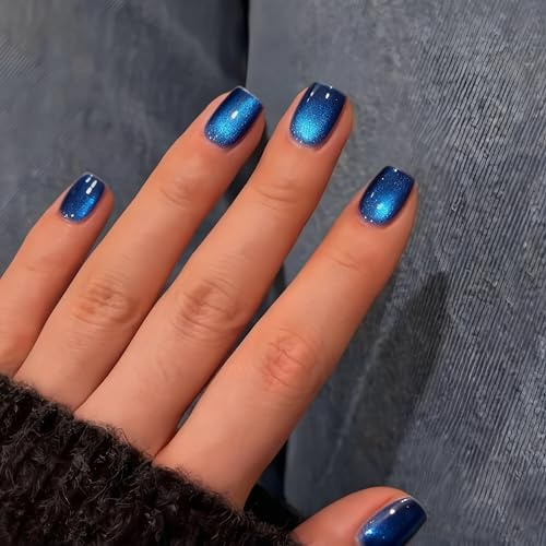 KQueenest Cat Eye Press On Nails Short - Chrome False Nails Short Square, Opaque Royal Blue Fake Nails with a Glitter Finish, Pastel Sparkly Bling Soft Gel Glue on Nails for Women Small Sizes 30 Pcs