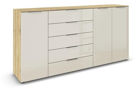 Rauch Möbel Flipp, Kommode, Farbe Glas Beige/Eiche Artisan, Breite 199 cm | Sideboard, 3-türig, 5 Schubladen, Glasfront, Soft-Close-Funktion, für Schlafzimmer, Gästezimmer, Wohnzimmer, Garderobe, Flur