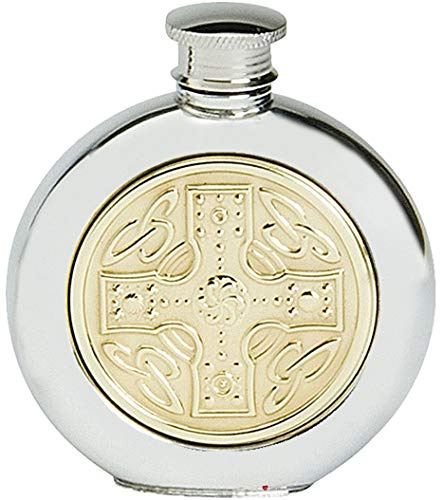 Pewter Round Flask Brass Celtic Cross Embossed Insert Screw Top Engravable 6oz