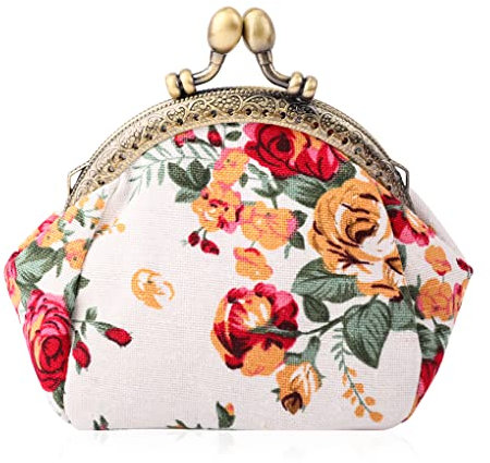 Oyachic Printed Coin Purse Vintage Pouch Buckle Clutch Bag Kiss-Lock Change Purse Floral Clasp Closure Wallets for Women Girl (White)