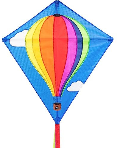 HQ Eddy Hot Air Balloon Kinderdrachen Drachen Flugdrachen Einleiner Drachen zum steigen Lassen wenig Wind ab 5 Jahre 68x68cm und 200cm Drachenschwanz inkl. 17kp Polyesterschnur 40m auf Spule 2-5 Bft