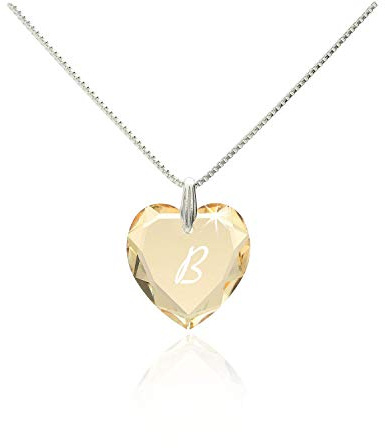 Damen Kette mit Swarovski Crystal Buchstaben Herzanhänger Gravur A - Z filigrane schlichte dezente Halskette Herzkette für die Frau Freundin Schwester zum Valentinstag oder Geburtstagsgeschenk