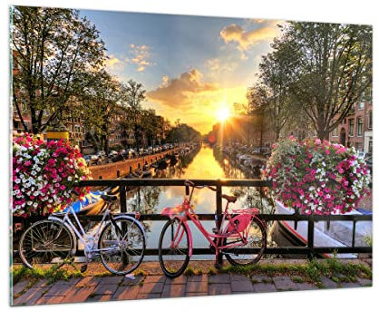 Bilder auf Glas 100x70cm Glasbild Bikes Kanal Amsterdam Architektur Groß Wanddeko Bild im Glas Schlafzimmer Küche Deko Wandbilder Dekoration Wohnzimmer Modern Wand Kunstdruck Art GAA100x70-3081