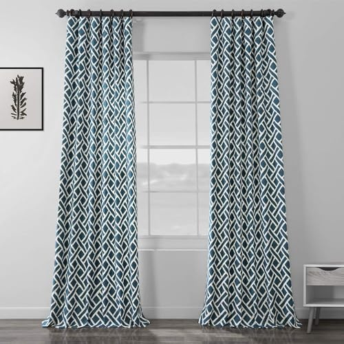 HPD Half Price Drapes Modern Geometric Printed Curtains Luxury Cotton Curtains 96 Inches Long (1 Panel) Room Darkening Curtains for Bedroom & Living Room, 50W x 96L, Crosshatch Geometrical Blue