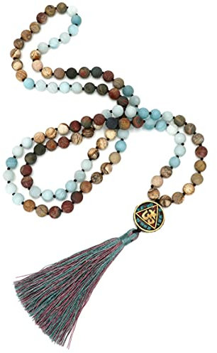 BENAVA Damen Mala Halskette 108 Perlen aus matten Amazonit Edelstein mit Quaste und Mantra Anhänger