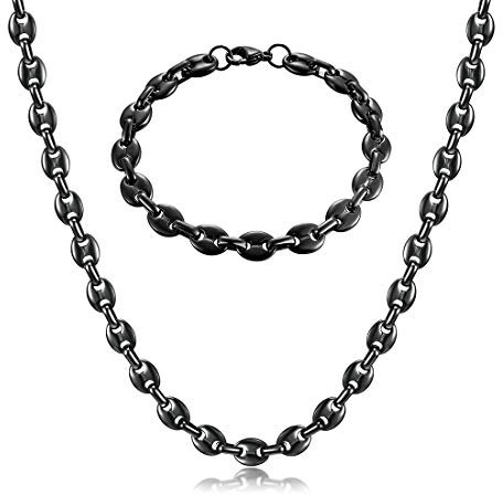 AFSTALR Halskette Herren Edelstahl 6mm Kaffeebohne Kette Armband Set für Männer Schwarz 56CM Hip Hop Halskette Plattenkette für Herren