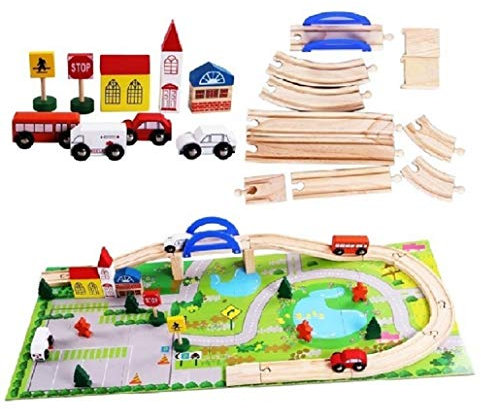 Lalia Bahnset Zug Schienenbahn aus Holz 40 Teile, Holzspielzeug für Kinder, bunt, Eisenbahn Schienen Zug Set. Tolles Geschenk für kleine Schaffner Holzeisenbahn mit Spielmatte