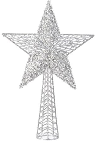 Kaemingk Christbaumspitze Stern Kunststoff 37 x 25 cm Gold/Silber Glitzer Pailletten Weihnachtsbaum Spitze, Farbe:Silber