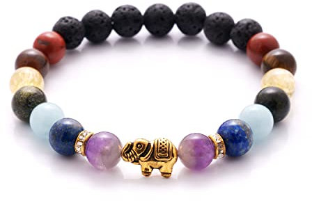 BERGERLIN 7 Chakren Armband mit Elefant, Naturstein und Lavastein Perlen - 7 Chakra Armband